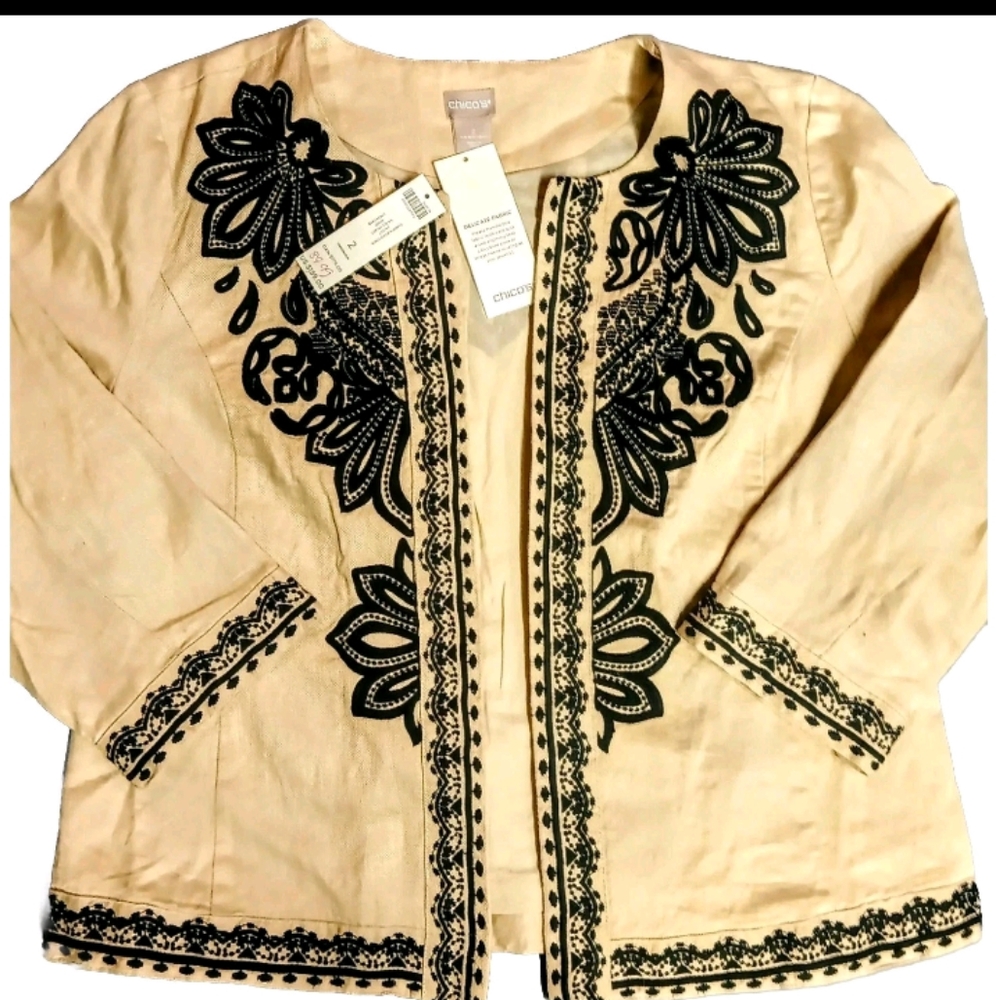 NWT Chico's Embroidered Linen Jacket Size 2 Sand Black Floral Women's FREE SHIP